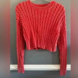 Aerie Pink Cropped Cable Knit Sweater